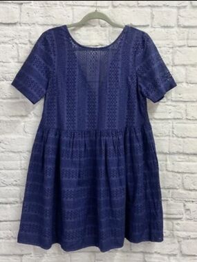ASOS Womens Eyelet Dress Size 6 Drop Waist Short Sleeve Solid Navy Blue NWT